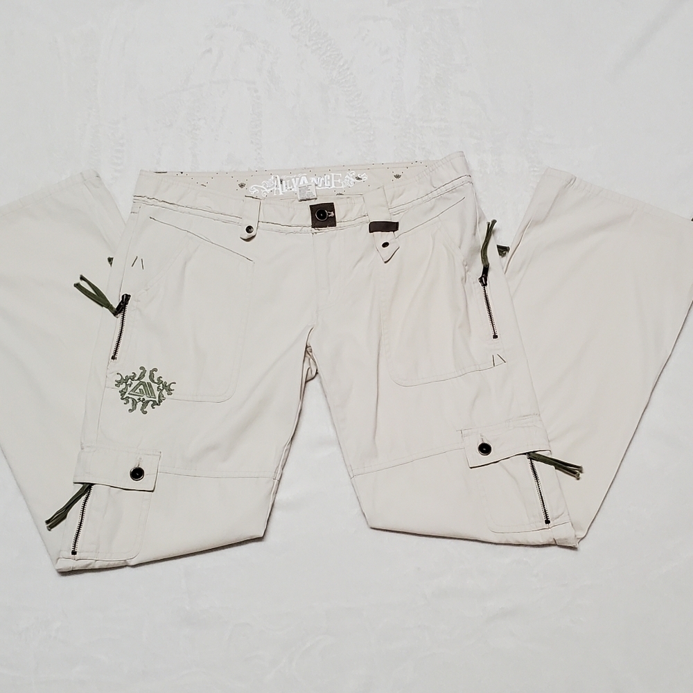 Rare Allyance ATG Grunge Cream Green Floral Low Rise Lace-up Flare Cargo Pants - Picture 5 of 16